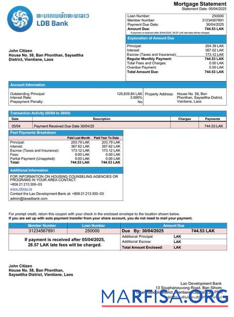 Downloadable Laos Lao Development Bank mortgage statement Word and PDF template